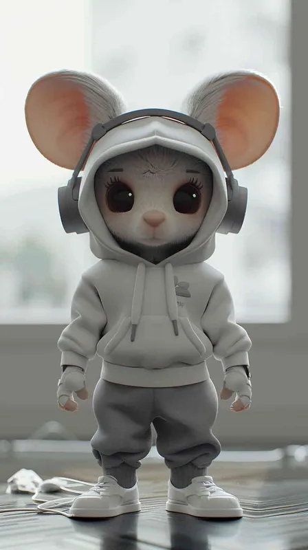Blind Box Style rat character, featuring prominent, captivating eyes and endearing chibi-like proportions, is adorned with delicate facial features. Sporting a sports hoodie, baggy pants, and headphones, this character is set against a clean background exuding natural light in stunning 8K resolution, ensuring the utmost visual quality.  - style1部分