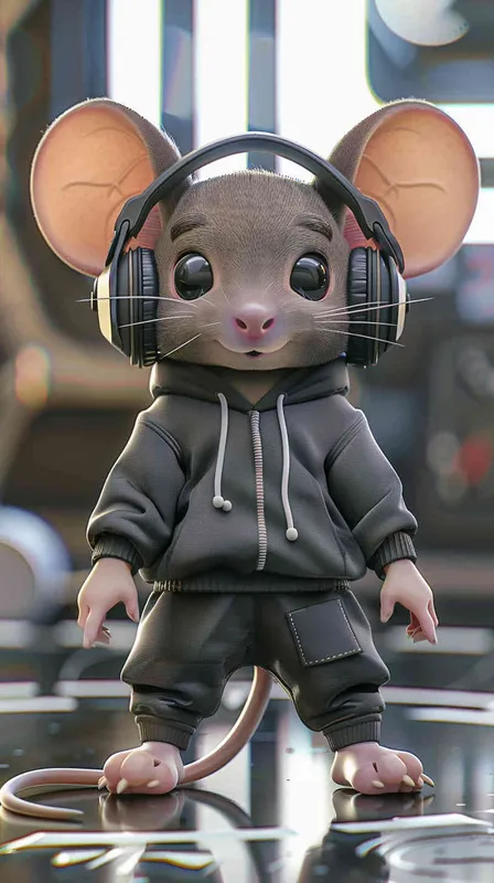 Blind Box Style rat character, featuring prominent, captivating eyes and endearing chibi-like proportions, is adorned with delicate facial features. Sporting a sports hoodie, baggy pants, and headphones, this character is set against a clean background exuding natural light in stunning 8K resolution, ensuring the utmost visual quality.  - style3部分