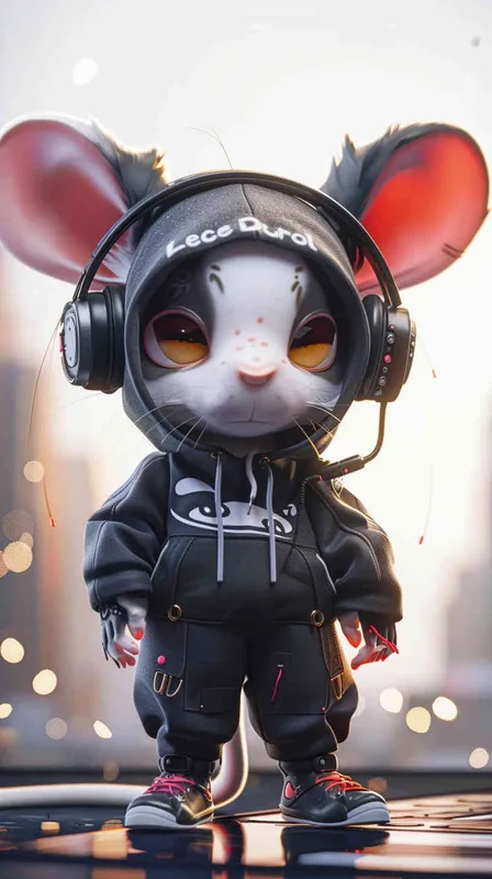 Blind Box Style rat character, featuring prominent, captivating eyes and endearing chibi-like proportions, is adorned with delicate facial features. Sporting a sports hoodie, baggy pants, and headphones, this character is set against a clean background exuding natural light in stunning 8K resolution, ensuring the utmost visual quality.  - style4部分