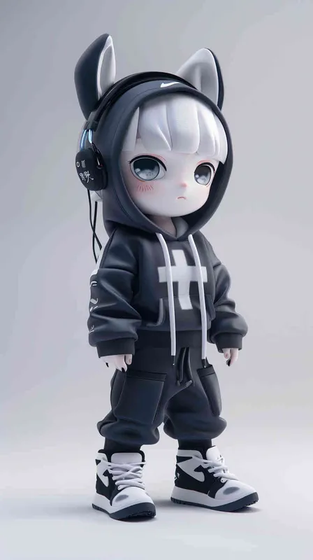 Blind Box Style OX character, featuring prominent, captivating eyes and endearing chibi-like proportions, is adorned with delicate facial features. Sporting a sports hoodie, baggy pants, and headphones, this character is set against a clean background exuding natural light in stunning 8K resolution, ensuring the utmost visual quality. - style1部分