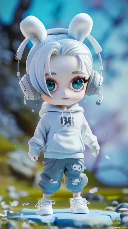 Blind Box Style OX character, featuring prominent, captivating eyes and endearing chibi-like proportions, is adorned with delicate facial features. Sporting a sports hoodie, baggy pants, and headphones, this character is set against a clean background exuding natural light in stunning 8K resolution, ensuring the utmost visual quality. - style3部分