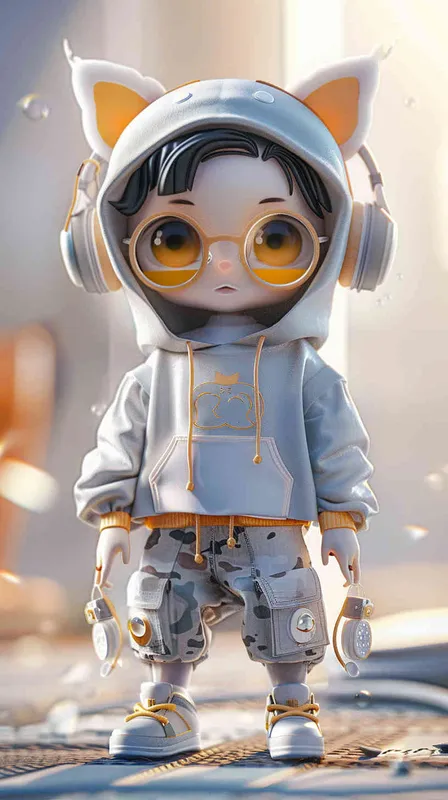 Blind Box Style OX character, featuring prominent, captivating eyes and endearing chibi-like proportions, is adorned with delicate facial features. Sporting a sports hoodie, baggy pants, and headphones, this character is set against a clean background exuding natural light in stunning 8K resolution, ensuring the utmost visual quality. - style4部分