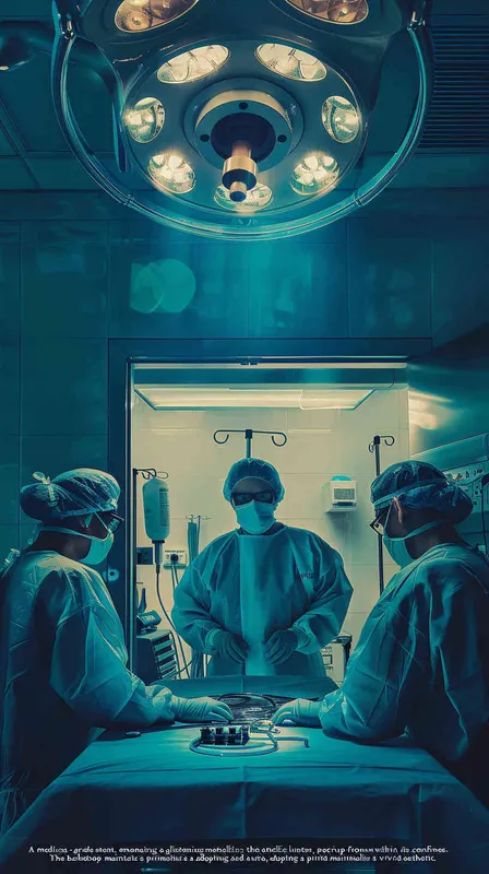  A medical-grade stent, exuding a metallic sheen, with doctors surrounding it, gazing up from within the stent. The overall background is clean and vibrant, with a minimalist style. - style4部分