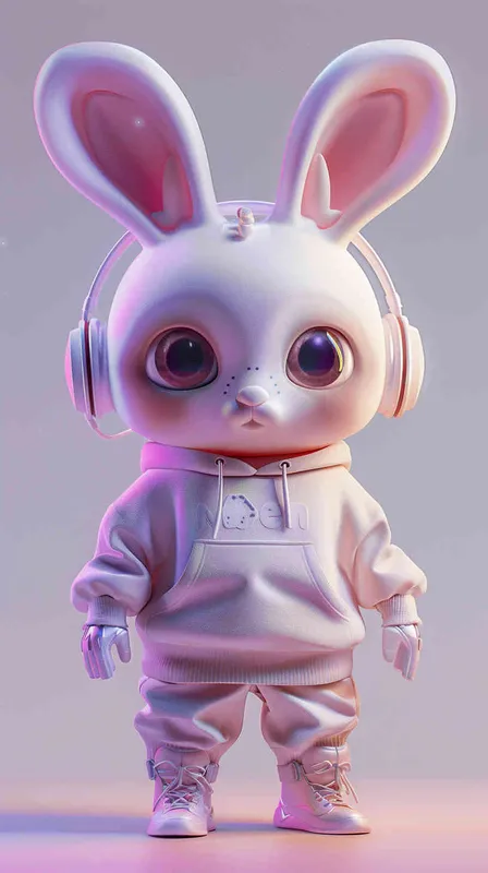 Blind Box Style Rabbit character, featuring prominent, captivating eyes and endearing chibi-like proportions, is adorned with delicate facial features. Sporting a sports hoodie, baggy pants, and headphones, this character is set against a clean background exuding natural light in stunning 8K resolution, ensuring the utmost visual quality. - AI绘画作品展示 | Midjourney中文版生成