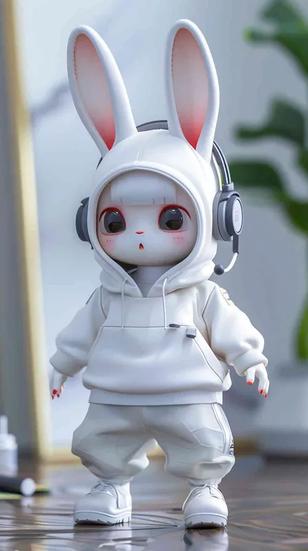 Blind Box Style Rabbit character, featuring prominent, captivating eyes and endearing chibi-like proportions, is adorned with delicate facial features. Sporting a sports hoodie, baggy pants, and headphones, this character is set against a clean background exuding natural light in stunning 8K resolution, ensuring the utmost visual quality. - AI绘画作品展示 | Midjourney中文版生成