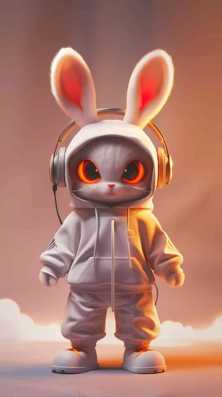 Blind Box Style Rabbit character, featuring prominent, captivating eyes and endearing chibi-like proportions, is adorned with delicate facial features. Sporting a sports hoodie, baggy pants, and headphones, this character is set against a clean background exuding natural light in stunning 8K resolution, ensuring the utmost visual quality. - AI绘画作品展示 | Midjourney中文版生成