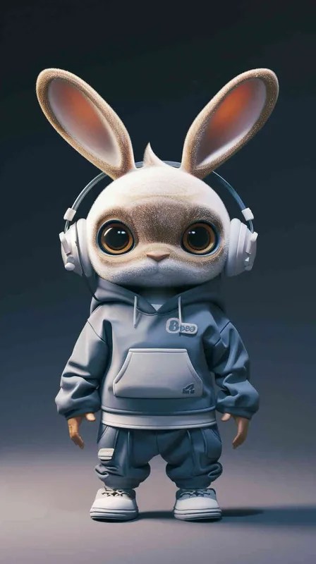 Blind Box Style Rabbit character, featuring prominent, captivating eyes and endearing chibi-like proportions, is adorned with delicate facial features. Sporting a sports hoodie, baggy pants, and headphones, this character is set against a clean background exuding natural light in stunning 8K resolution, ensuring the utmost visual quality. - AI绘画作品展示 | Midjourney中文版生成