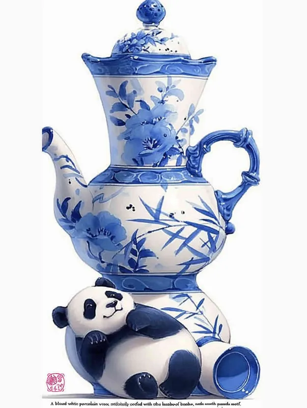 Bamboo shaped blue and white porcelain vase with a  panda on it - style2部分