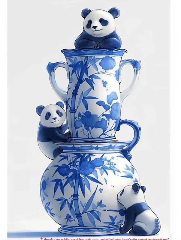 Bamboo shaped blue and white porcelain vase with a  panda on it - style3部分