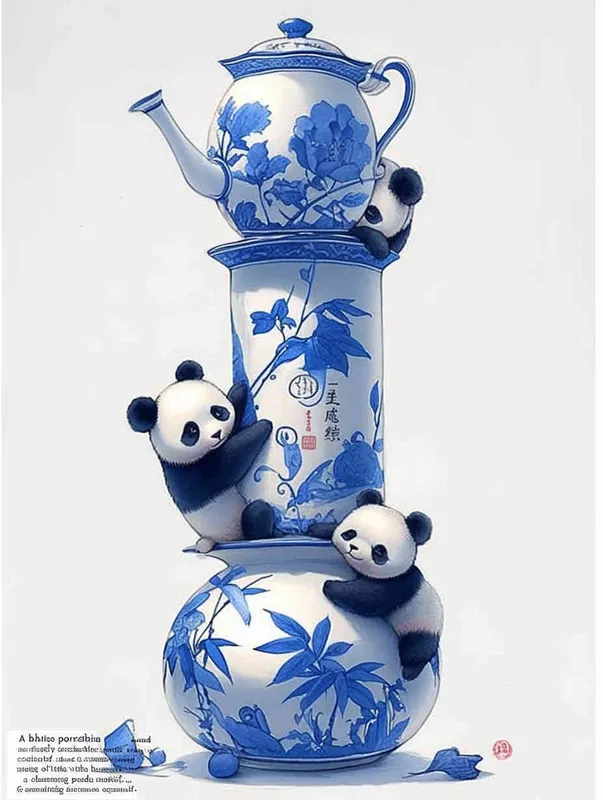 Bamboo shaped blue and white porcelain vase with a  panda on it - style4部分