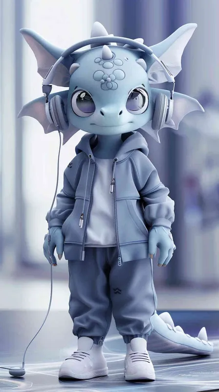 Blind Box Style Dragon character, featuring prominent, captivating eyes and endearing chibi-like proportions, is adorned with delicate facial features. Sporting a sports hoodie, baggy pants, and headphones, this character is set against a clean background exuding natural light in stunning 8K resolution, ensuring the utmost visual quality.  - style1部分