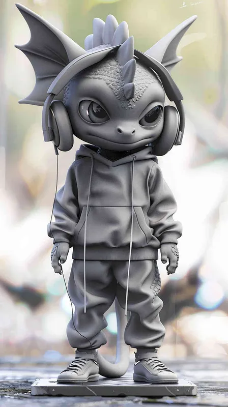 Blind Box Style Dragon character, featuring prominent, captivating eyes and endearing chibi-like proportions, is adorned with delicate facial features. Sporting a sports hoodie, baggy pants, and headphones, this character is set against a clean background exuding natural light in stunning 8K resolution, ensuring the utmost visual quality.  - style2部分