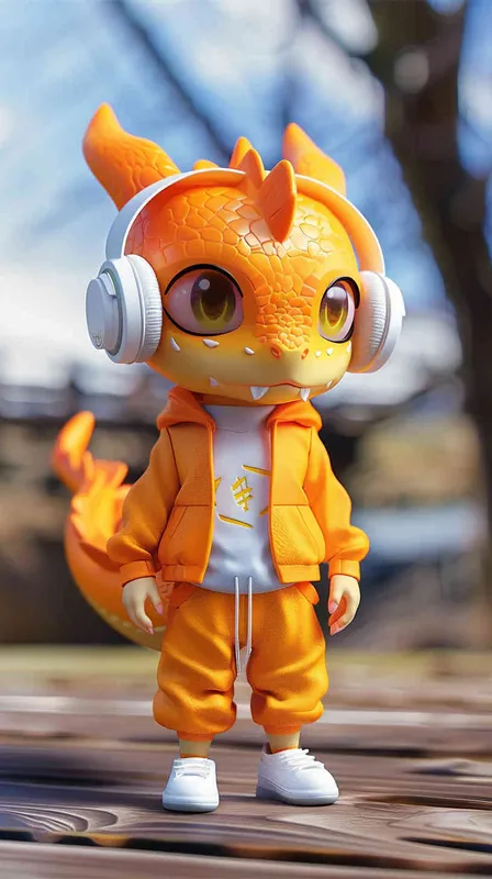 Blind Box Style Dragon character, featuring prominent, captivating eyes and endearing chibi-like proportions, is adorned with delicate facial features. Sporting a sports hoodie, baggy pants, and headphones, this character is set against a clean background exuding natural light in stunning 8K resolution, ensuring the utmost visual quality.  - style3部分