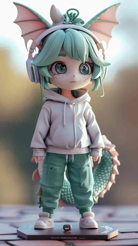 Blind Box Style Dragon character, featuring prominent, captivating eyes and endearing chibi-like proportions, is adorned with delicate facial features. Sporting a sports hoodie, baggy pants, and headphones, this character is set against a clean background exuding natural light in stunning 8K resolution, ensuring the utmost visual quality.  - style4部分
