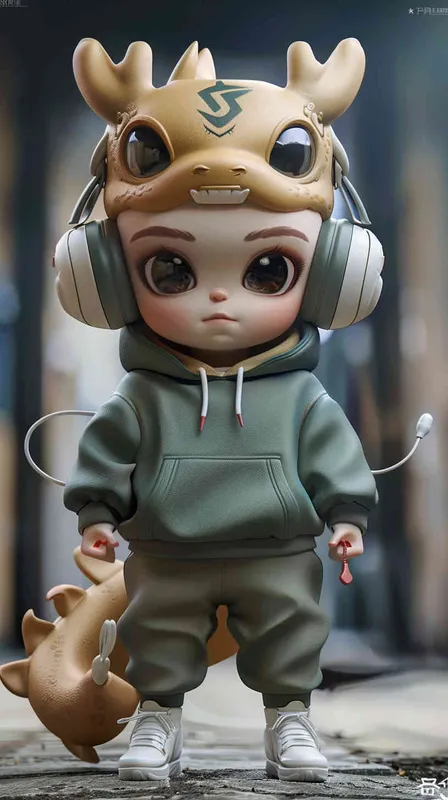 Blind Box Style Chinese Dragon character, featuring prominent, captivating eyes and endearing chibi-like proportions, is adorned with delicate facial features. Sporting a sports hoodie, baggy pants, and headphones, this character is set against a clean background exuding natural light in stunning 8K resolution, ensuring the utmost visual quality.  - style1部分