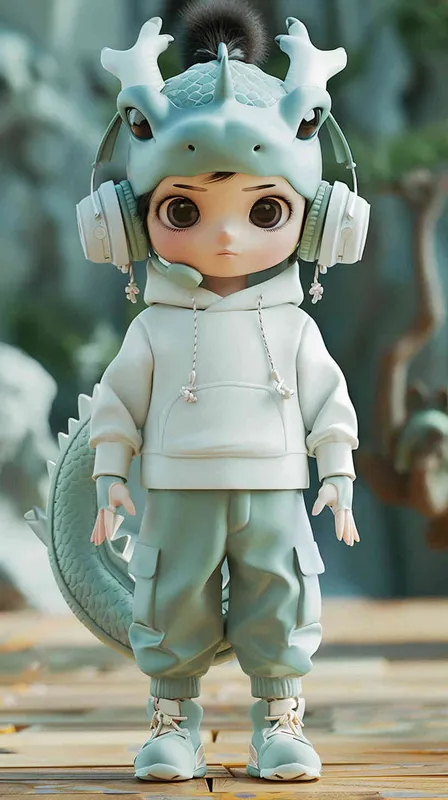 Blind Box Style Chinese Dragon character, featuring prominent, captivating eyes and endearing chibi-like proportions, is adorned with delicate facial features. Sporting a sports hoodie, baggy pants, and headphones, this character is set against a clean background exuding natural light in stunning 8K resolution, ensuring the utmost visual quality.  - style2部分