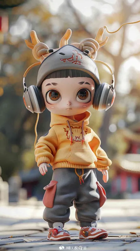 Blind Box Style Chinese Dragon character, featuring prominent, captivating eyes and endearing chibi-like proportions, is adorned with delicate facial features. Sporting a sports hoodie, baggy pants, and headphones, this character is set against a clean background exuding natural light in stunning 8K resolution, ensuring the utmost visual quality.  - style3部分