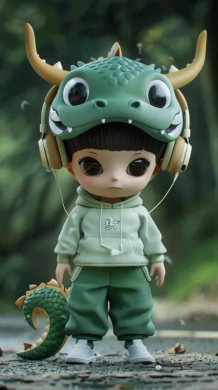 Blind Box Style Chinese Dragon character, featuring prominent, captivating eyes and endearing chibi-like proportions, is adorned with delicate facial features. Sporting a sports hoodie, baggy pants, and headphones, this character is set against a clean background exuding natural light in stunning 8K resolution, ensuring the utmost visual quality.  - style4部分