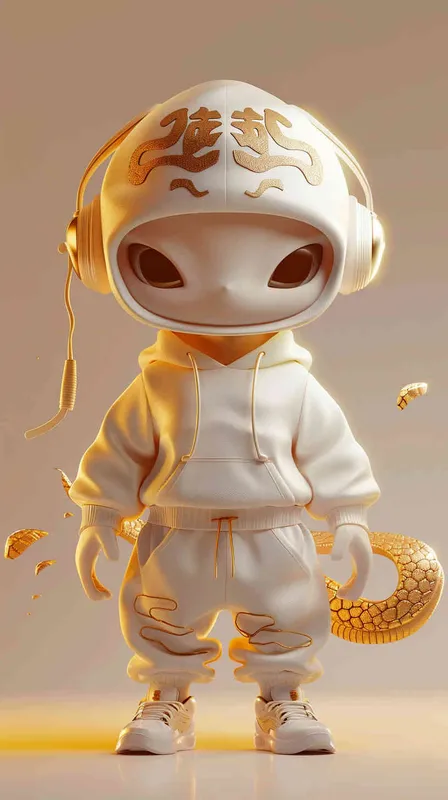 Blind Box Style Chinese snake character, featuring prominent, captivating eyes and endearing chibi-like proportions, is adorned with delicate facial features. Sporting a sports hoodie, baggy pants, and headphones, this character is set against a clean background exuding natural light in stunning 8K resolution, ensuring the utmost visual quality.  - style1部分