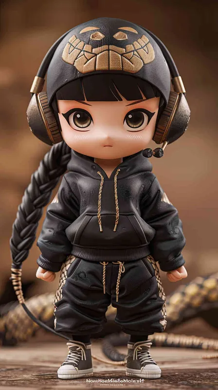 Blind Box Style Chinese snake character, featuring prominent, captivating eyes and endearing chibi-like proportions, is adorned with delicate facial features. Sporting a sports hoodie, baggy pants, and headphones, this character is set against a clean background exuding natural light in stunning 8K resolution, ensuring the utmost visual quality.  - style2部分