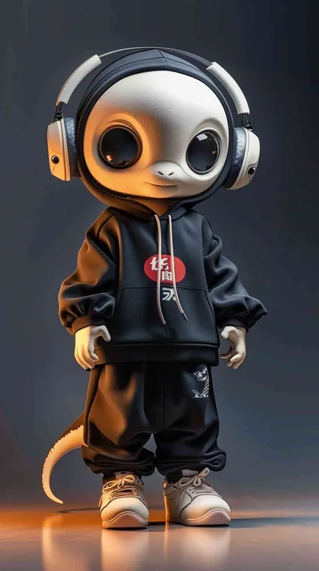 Blind Box Style Chinese snake character, featuring prominent, captivating eyes and endearing chibi-like proportions, is adorned with delicate facial features. Sporting a sports hoodie, baggy pants, and headphones, this character is set against a clean background exuding natural light in stunning 8K resolution, ensuring the utmost visual quality.  - style3部分