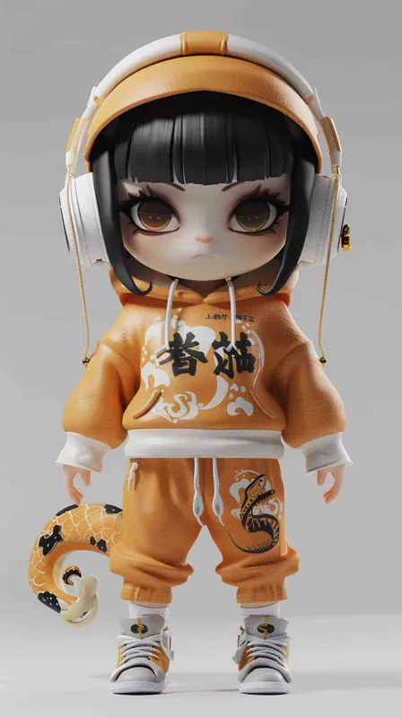 Blind Box Style Chinese snake character, featuring prominent, captivating eyes and endearing chibi-like proportions, is adorned with delicate facial features. Sporting a sports hoodie, baggy pants, and headphones, this character is set against a clean background exuding natural light in stunning 8K resolution, ensuring the utmost visual quality.  - style4部分