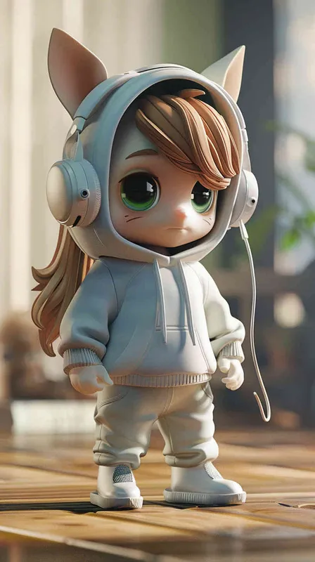 Blind Box Style Chinese horse character, featuring prominent, captivating eyes and endearing chibi-like proportions, is adorned with delicate facial features. Sporting a sports hoodie, baggy pants, and headphones, this character is set against a clean background exuding natural light in stunning 8K resolution, ensuring the utmost visual quality.  – AI绘画作品展示 | Midjourney中文版生成