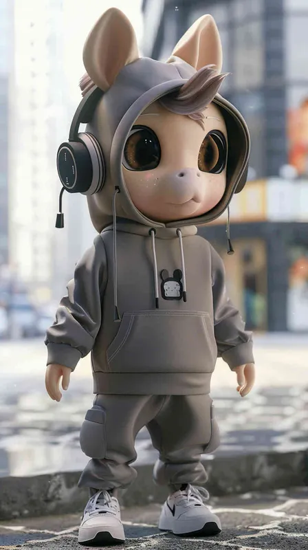 Blind Box Style Chinese horse character, featuring prominent, captivating eyes and endearing chibi-like proportions, is adorned with delicate facial features. Sporting a sports hoodie, baggy pants, and headphones, this character is set against a clean background exuding natural light in stunning 8K resolution, ensuring the utmost visual quality. - AI绘画作品展示 | Midjourney中文版生成