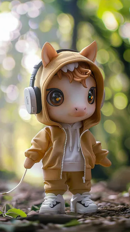 Blind Box Style Chinese horse character, featuring prominent, captivating eyes and endearing chibi-like proportions, is adorned with delicate facial features. Sporting a sports hoodie, baggy pants, and headphones, this character is set against a clean background exuding natural light in stunning 8K resolution, ensuring the utmost visual quality. - AI绘画作品展示 | Midjourney中文版生成