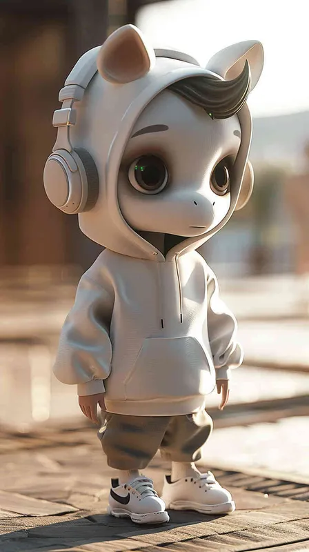 Blind Box Style Chinese horse character, featuring prominent, captivating eyes and endearing chibi-like proportions, is adorned with delicate facial features. Sporting a sports hoodie, baggy pants, and headphones, this character is set against a clean background exuding natural light in stunning 8K resolution, ensuring the utmost visual quality. - AI绘画作品展示 | Midjourney中文版生成