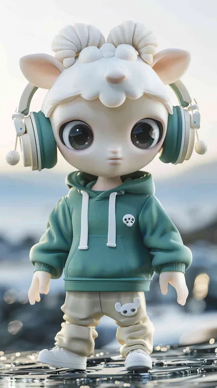Blind Box Style Chinese sheep character, featuring prominent, captivating eyes and endearing chibi-like proportions, is adorned with delicate facial features. Sporting a sports hoodie, baggy pants, and headphones, this character is set against a clean background exuding natural light in stunning 8K resolution, ensuring the utmost visual quality.  - style1部分