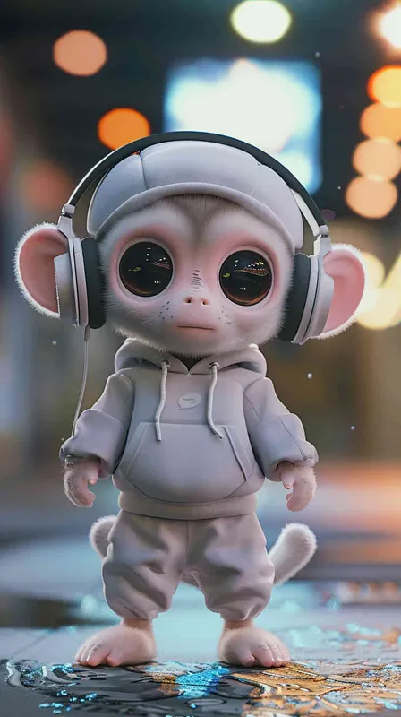 Blind Box Style Chinese monkey character, featuring prominent, captivating eyes and endearing chibi-like proportions, is adorned with delicate facial features. Sporting a sports hoodie, baggy pants, and headphones, this character is set against a clean background exuding natural light in stunning 8K resolution, ensuring the utmost visual quality.  - style1部分