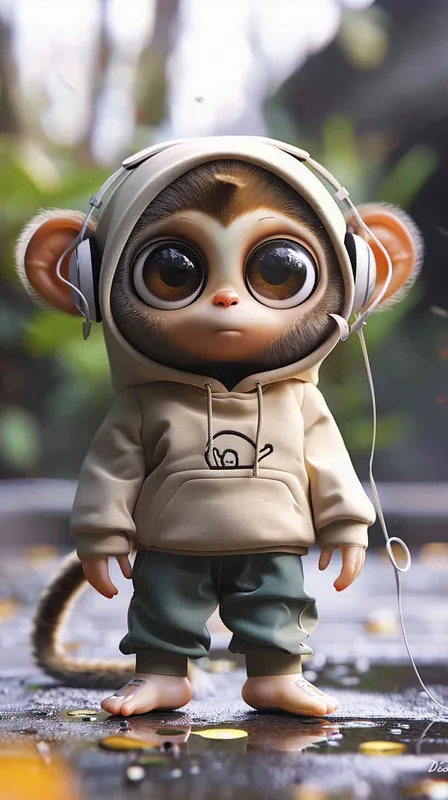 Blind Box Style Chinese monkey character, featuring prominent, captivating eyes and endearing chibi-like proportions, is adorned with delicate facial features. Sporting a sports hoodie, baggy pants, and headphones, this character is set against a clean background exuding natural light in stunning 8K resolution, ensuring the utmost visual quality.  - style2部分
