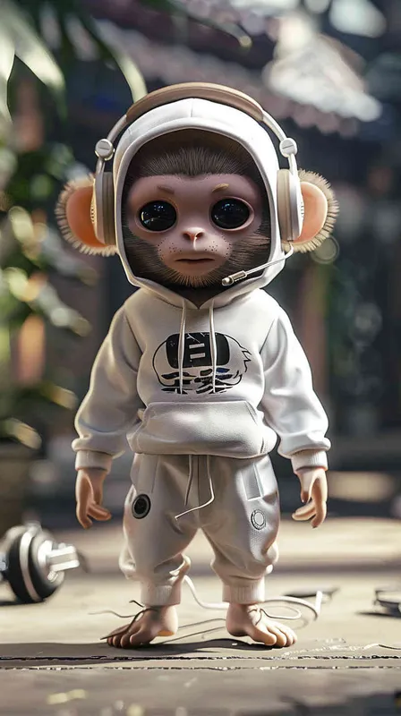 Blind Box Style Chinese monkey character, featuring prominent, captivating eyes and endearing chibi-like proportions, is adorned with delicate facial features. Sporting a sports hoodie, baggy pants, and headphones, this character is set against a clean background exuding natural light in stunning 8K resolution, ensuring the utmost visual quality.  - style3部分