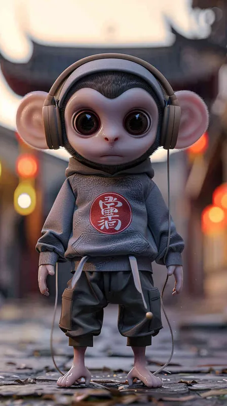 Blind Box Style Chinese monkey character, featuring prominent, captivating eyes and endearing chibi-like proportions, is adorned with delicate facial features. Sporting a sports hoodie, baggy pants, and headphones, this character is set against a clean background exuding natural light in stunning 8K resolution, ensuring the utmost visual quality.  - style4部分