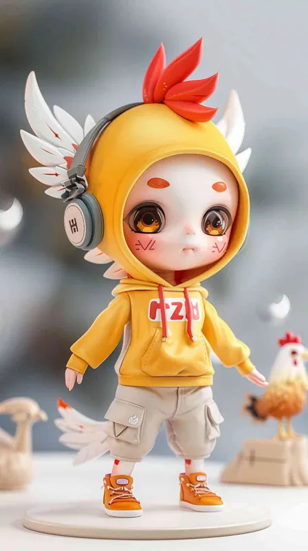 Blind Box Style Chinese Rooster character, featuring prominent, captivating eyes and endearing chibi-like proportions, is adorned with delicate facial features. Sporting a sports hoodie, baggy pants, and headphones, this character is set against a clean background exuding natural light in stunning 8K resolution, ensuring the utmost visual quality. - style1部分
