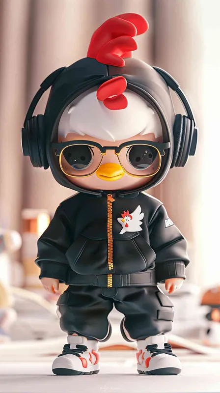 Blind Box Style Chinese Rooster character, featuring prominent, captivating eyes and endearing chibi-like proportions, is adorned with delicate facial features. Sporting a sports hoodie, baggy pants, and headphones, this character is set against a clean background exuding natural light in stunning 8K resolution, ensuring the utmost visual quality. - style2部分