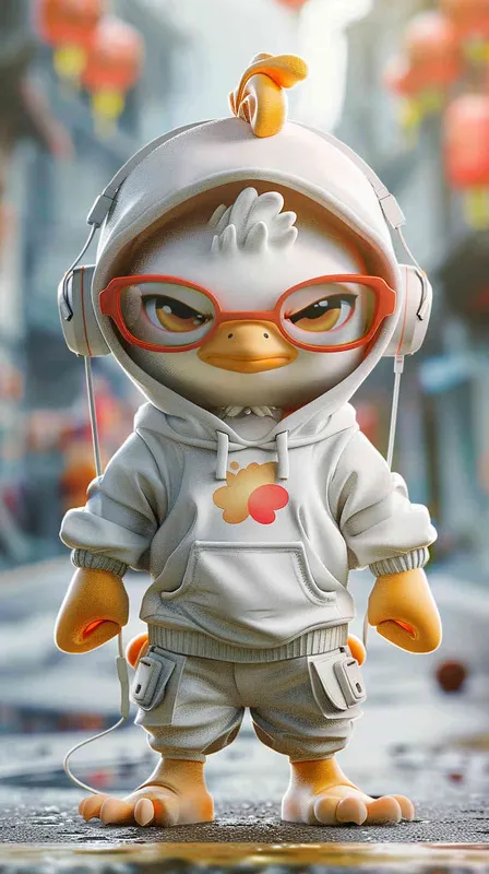 Blind Box Style Chinese Rooster character, featuring prominent, captivating eyes and endearing chibi-like proportions, is adorned with delicate facial features. Sporting a sports hoodie, baggy pants, and headphones, this character is set against a clean background exuding natural light in stunning 8K resolution, ensuring the utmost visual quality. - style3部分