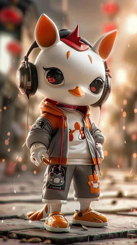 Blind Box Style Chinese Rooster character, featuring prominent, captivating eyes and endearing chibi-like proportions, is adorned with delicate facial features. Sporting a sports hoodie, baggy pants, and headphones, this character is set against a clean background exuding natural light in stunning 8K resolution, ensuring the utmost visual quality. - style4部分