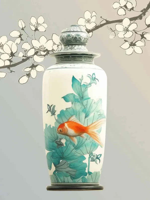 A blue-green blue and white porcelain vase with a goldfish next to it, with an elegant background and meticulous Chinese painting – AI绘画作品展示 | Midjourney中文版生成