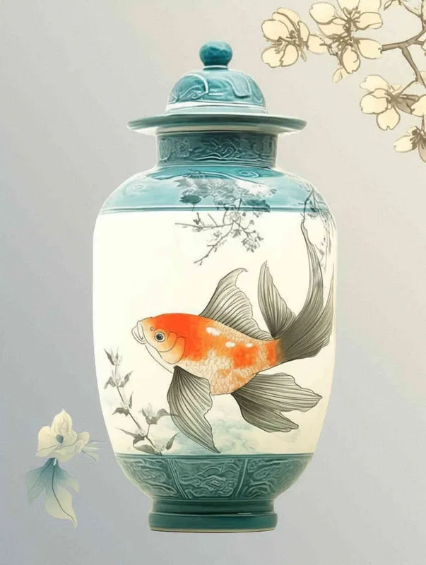 A blue-green blue and white porcelain vase with a goldfish next to it, with an elegant background and meticulous Chinese painting - style2部分