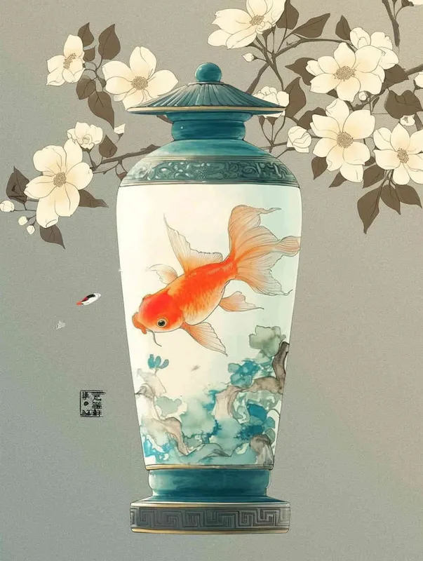 A blue-green blue and white porcelain vase with a goldfish next to it, with an elegant background and meticulous Chinese painting - style4部分