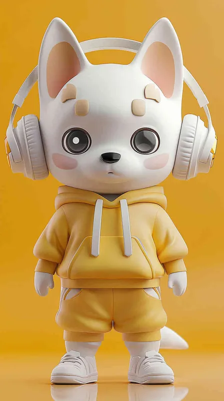Blind Box Style Chinese dog character, featuring prominent, captivating eyes and endearing chibi-like proportions, is adorned with delicate facial features. Sporting a sports hoodie, baggy pants, and headphones, this character is set against a clean background exuding natural light in stunning 8K resolution, ensuring the utmost visual quality.  - style1部分