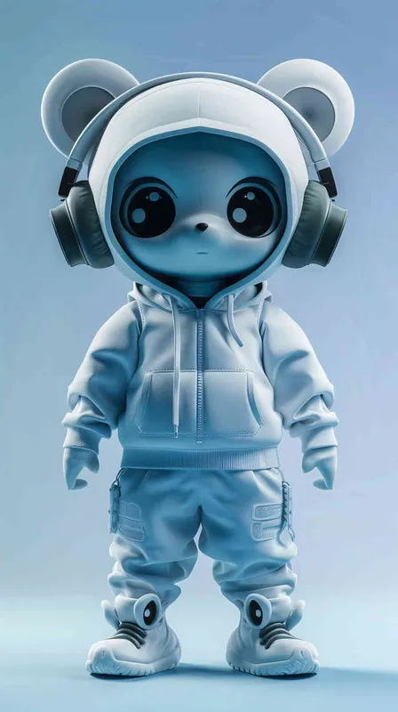 Blind Box Style Chinese dog character, featuring prominent, captivating eyes and endearing chibi-like proportions, is adorned with delicate facial features. Sporting a sports hoodie, baggy pants, and headphones, this character is set against a clean background exuding natural light in stunning 8K resolution, ensuring the utmost visual quality.  - style2部分