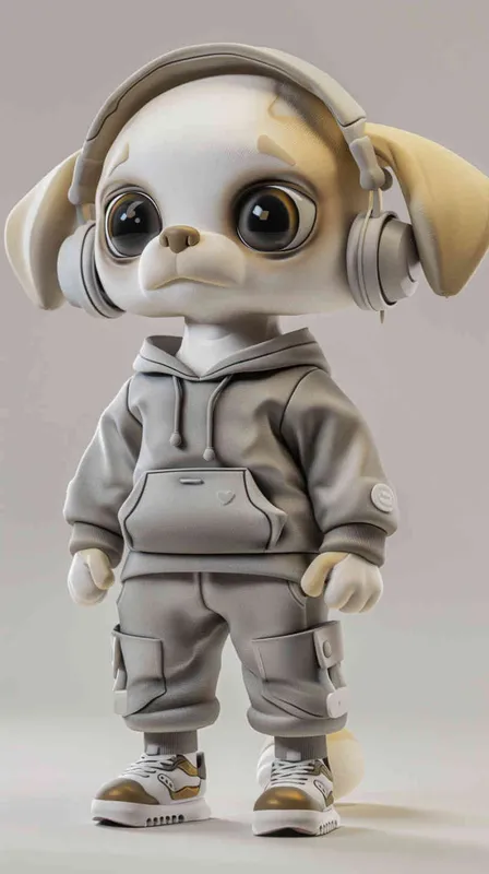 Blind Box Style Chinese dog character, featuring prominent, captivating eyes and endearing chibi-like proportions, is adorned with delicate facial features. Sporting a sports hoodie, baggy pants, and headphones, this character is set against a clean background exuding natural light in stunning 8K resolution, ensuring the utmost visual quality.  - style3部分