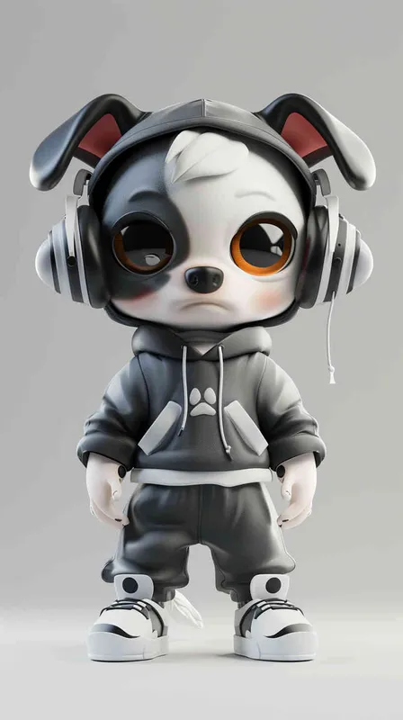 Blind Box Style Chinese dog character, featuring prominent, captivating eyes and endearing chibi-like proportions, is adorned with delicate facial features. Sporting a sports hoodie, baggy pants, and headphones, this character is set against a clean background exuding natural light in stunning 8K resolution, ensuring the utmost visual quality.  - style4部分