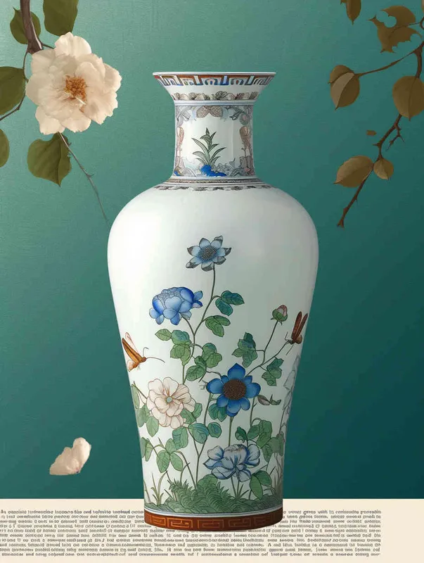 A turquoise blue and white porcelain vase, with a simple shape and elegant colors. It features meticulous illustrations and flat illustrations, without any light or shadow, and lacks a sense of three dimensionality - style1部分