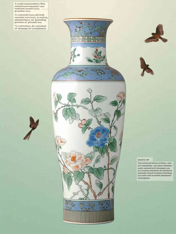 A turquoise blue and white porcelain vase, with a simple shape and elegant colors. It features meticulous illustrations and flat illustrations, without any light or shadow, and lacks a sense of three dimensionality - style2部分