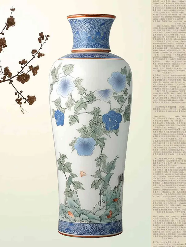 A turquoise blue and white porcelain vase, with a simple shape and elegant colors. It features meticulous illustrations and flat illustrations, without any light or shadow, and lacks a sense of three dimensionality - style3部分
