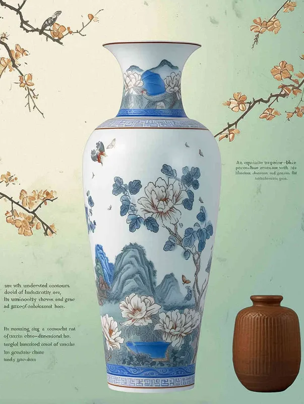 A turquoise blue and white porcelain vase, with a simple shape and elegant colors. It features meticulous illustrations and flat illustrations, without any light or shadow, and lacks a sense of three dimensionality - style4部分